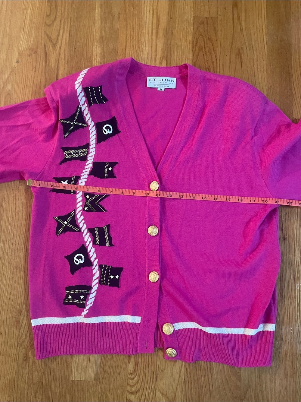 St. John Hot Pink Embellished V-Neck Cardigan with Gold Buttons - Picture 7 of 8